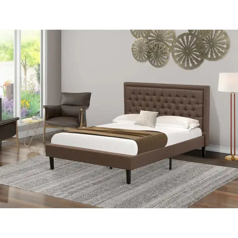 East West Furniture Platform Bed - Linen Fabric Bed - Headboard with Button Tufted Trim Design - (Size/Color options)