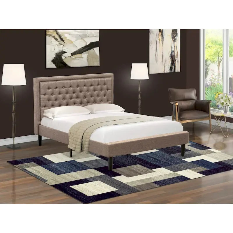 East West Furniture Platform Bed - Linen Fabric Bed - Headboard with Button Tufted Trim Design - (Size/Color options)