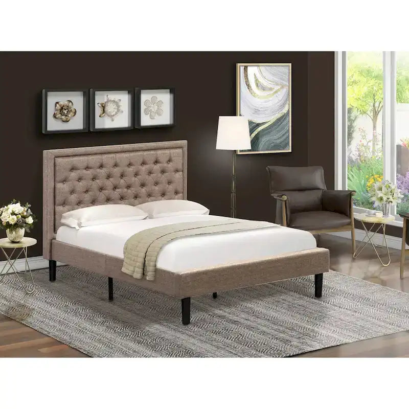 East West Furniture Platform Bed - Linen Fabric Bed - Headboard with Button Tufted Trim Design - (Size/Color options)
