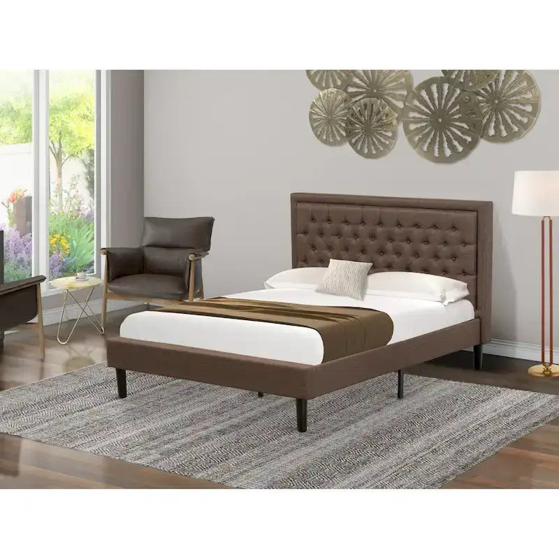 East West Furniture Platform Bed - Linen Fabric Bed - Headboard with Button Tufted Trim Design - (Size/Color options)