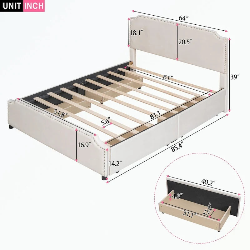 Upholstered Platform Bed with Stud Trim Headboard and Footboard