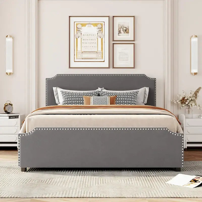 Upholstered Platform Bed with Stud Trim Headboard and Footboard