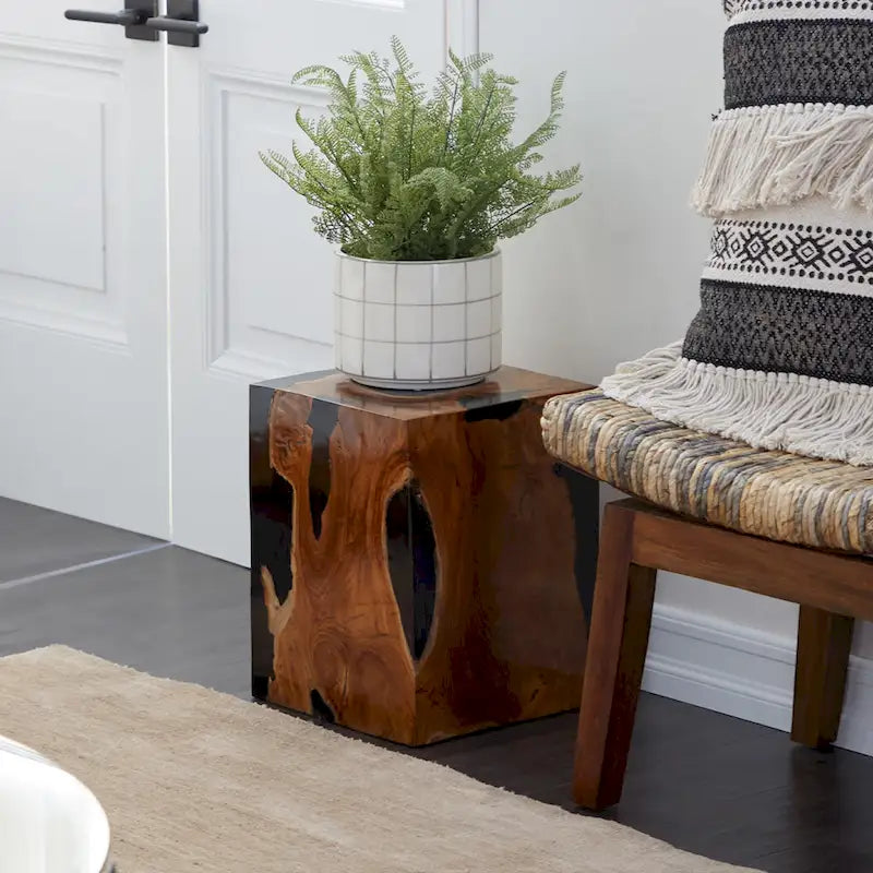 Teak Wood Block Accent Table with Black Resin Inlay - Brown - Roche River Decor - 11 Wx12 Lx15 H