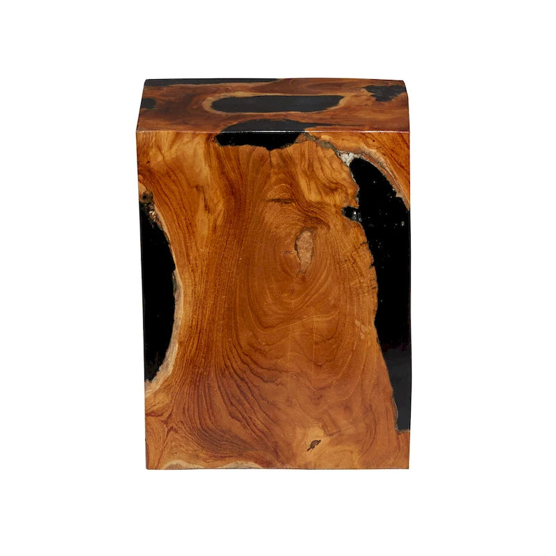 Teak Wood Block Accent Table with Black Resin Inlay - Brown - Roche River Decor - 11 Wx12 Lx15 H