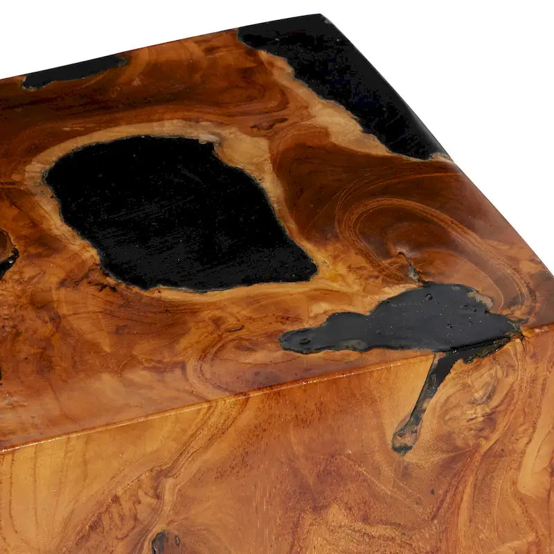 Teak Wood Block Accent Table with Black Resin Inlay - Brown - Roche River Decor - 11 Wx12 Lx15 H