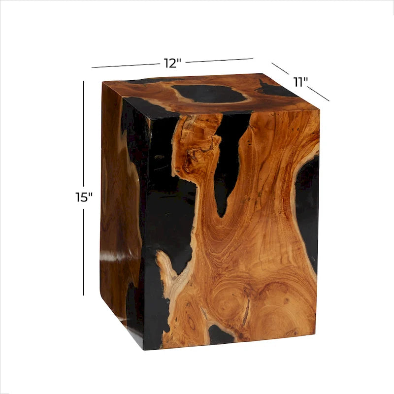 Teak Wood Block Accent Table with Black Resin Inlay - Brown - Roche River Decor - 11 Wx12 Lx15 H