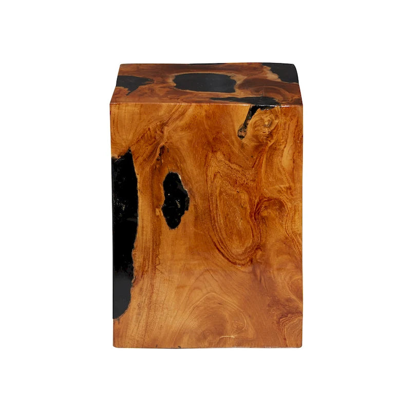 Teak Wood Block Accent Table with Black Resin Inlay - Brown - Roche River Decor - 11 Wx12 Lx15 H