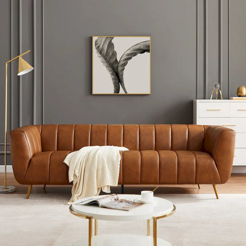 Clovis Mid Century Modern Furniture Style Upholstered Leather Couch in Cognac Color