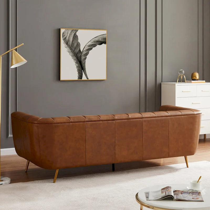 Clovis Mid Century Modern Furniture Style Upholstered Leather Couch in Cognac Color