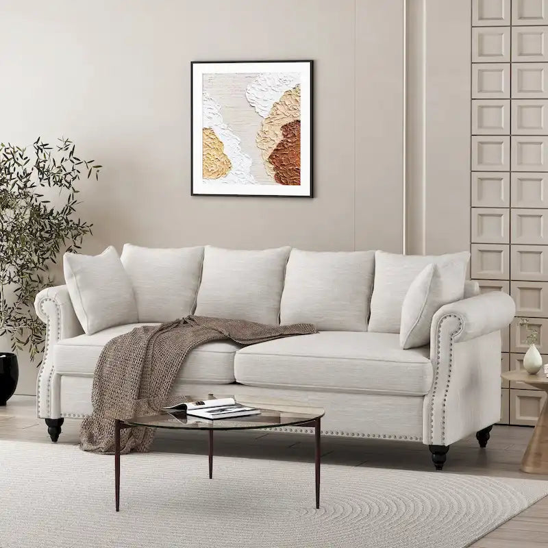 Manbow Fabric Pillowback 3 Seater Sofa with Nailhead Trim by Christopher Knight Home