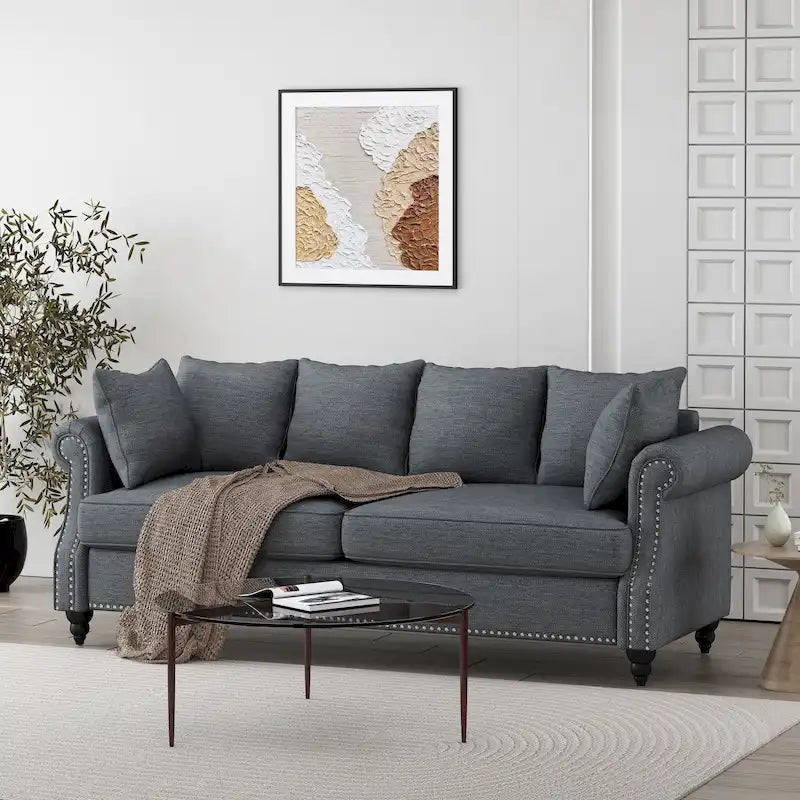 Manbow Fabric Pillowback 3 Seater Sofa with Nailhead Trim by Christopher Knight Home