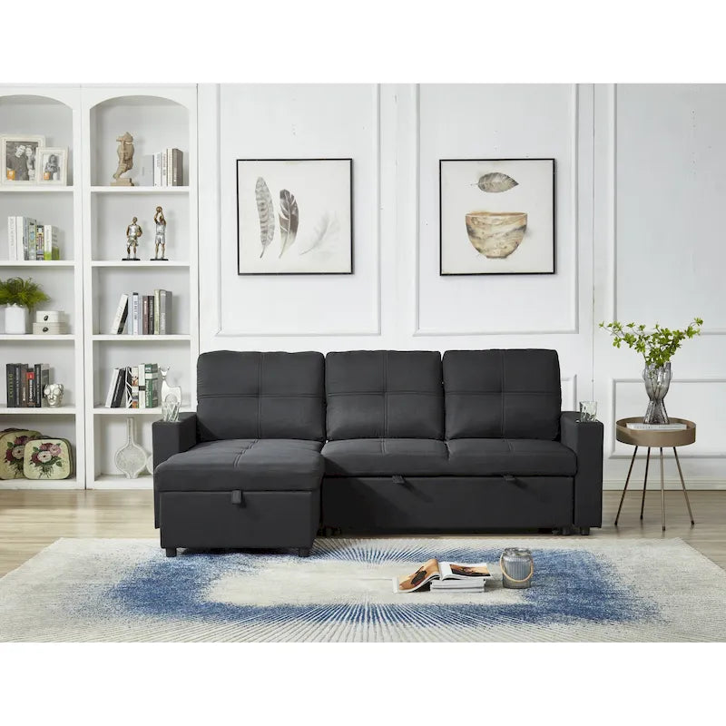 Linen Sectional Sofa Reversible Chaise with Pull out Sleeper