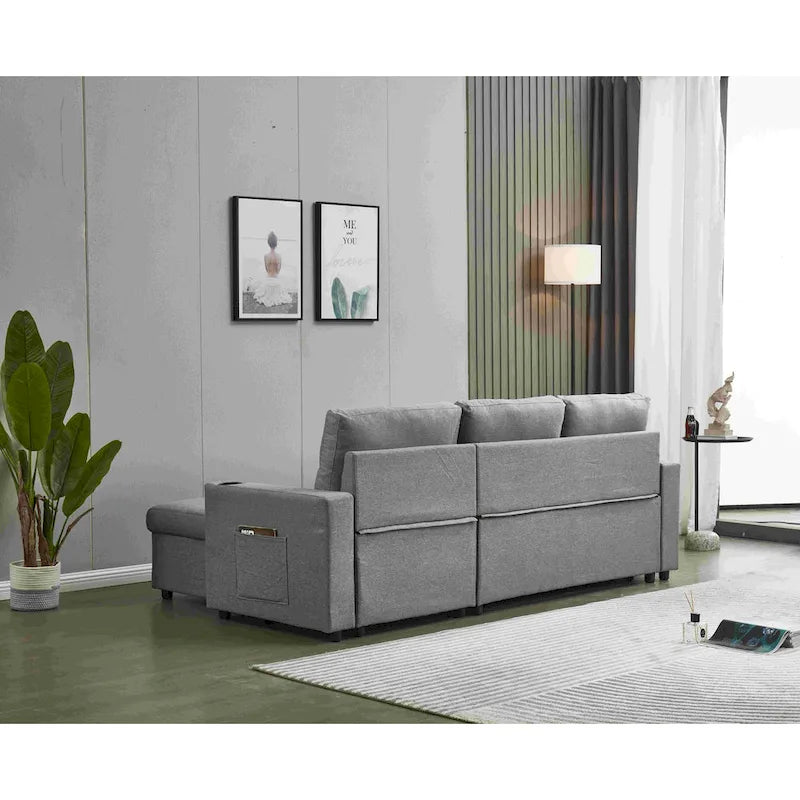 Linen Sectional Sofa Reversible Chaise with Pull out Sleeper