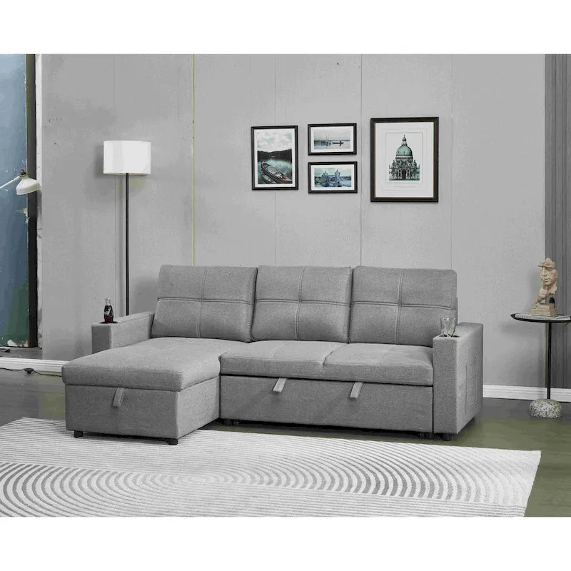 Linen Sectional Sofa Reversible Chaise with Pull out Sleeper