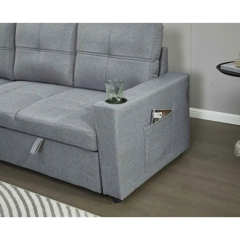 Linen Sectional Sofa Reversible Chaise with Pull out Sleeper