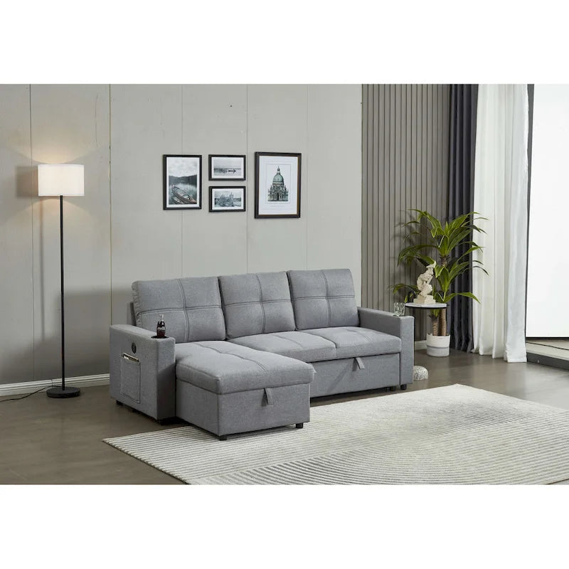 Linen Sectional Sofa Reversible Chaise with Pull out Sleeper