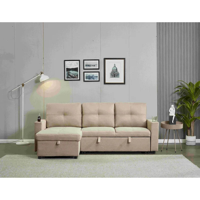 Linen Sectional Sofa Reversible Chaise with Pull out Sleeper