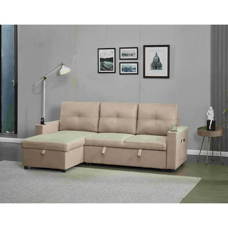 Linen Sectional Sofa Reversible Chaise with Pull out Sleeper