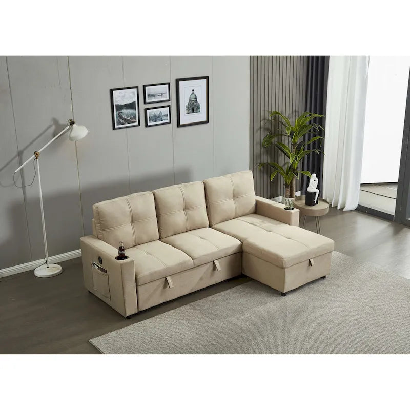 Linen Sectional Sofa Reversible Chaise with Pull out Sleeper