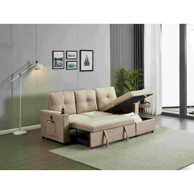 Linen Sectional Sofa Reversible Chaise with Pull out Sleeper