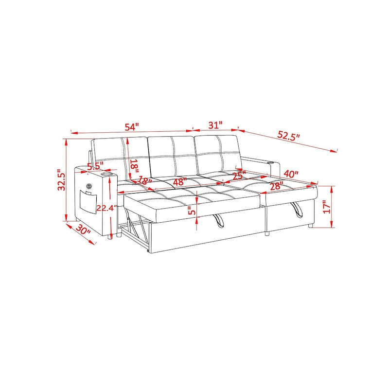 Linen Sectional Sofa Reversible Chaise with Pull out Sleeper