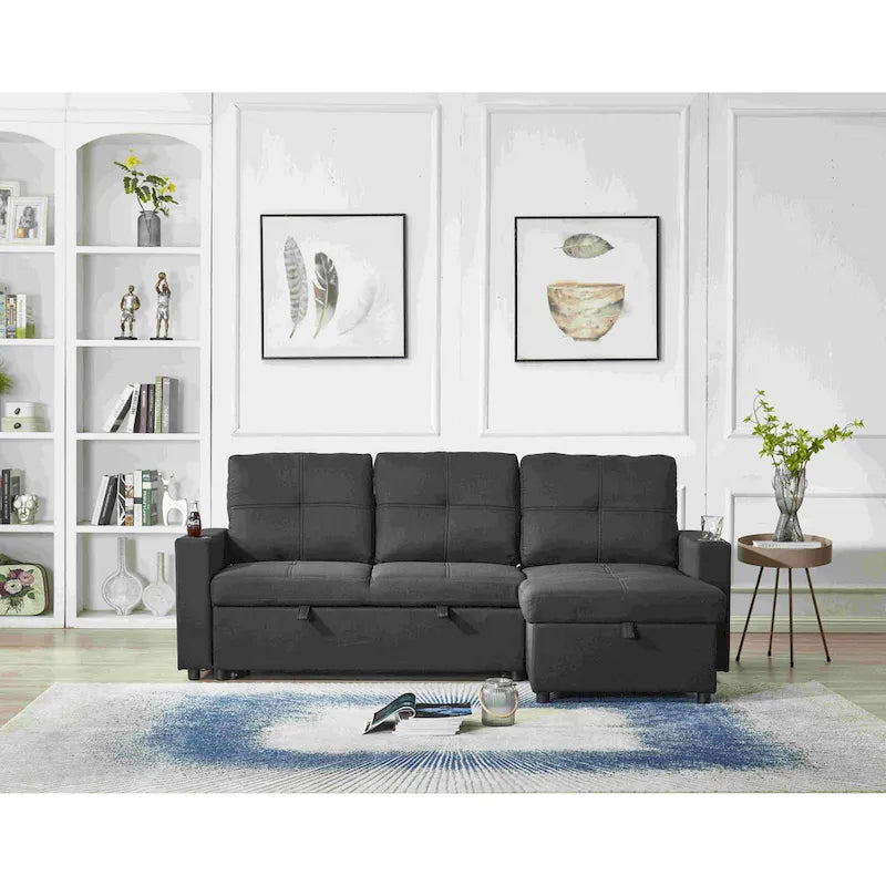 Linen Sectional Sofa Reversible Chaise with Pull out Sleeper