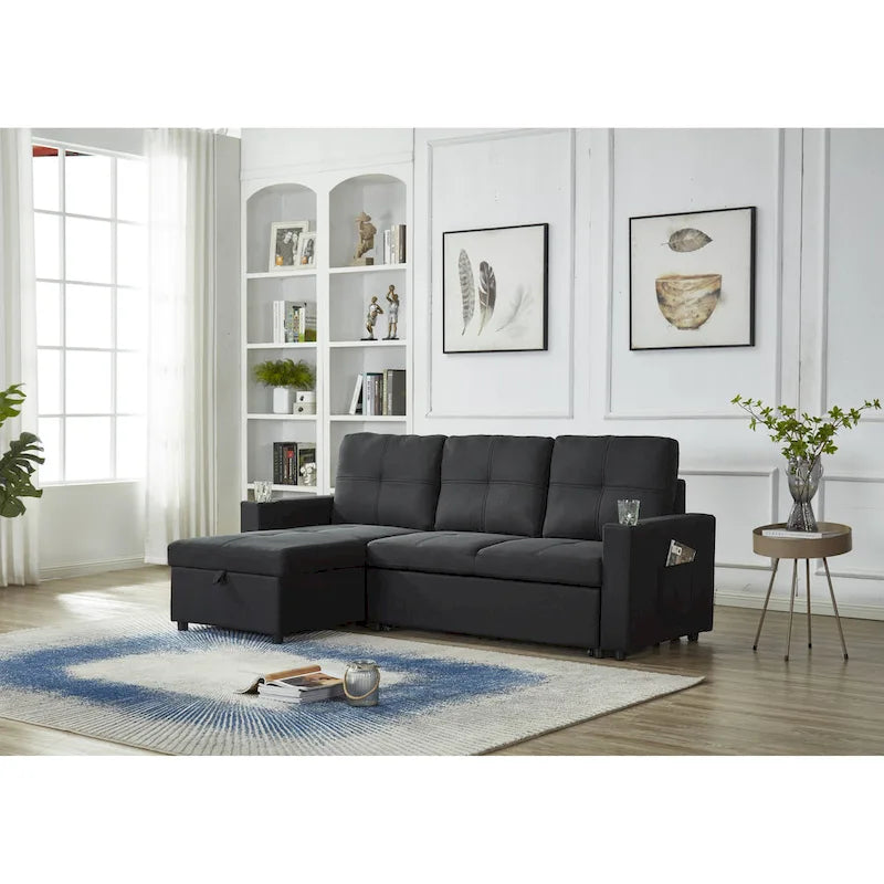 Linen Sectional Sofa Reversible Chaise with Pull out Sleeper