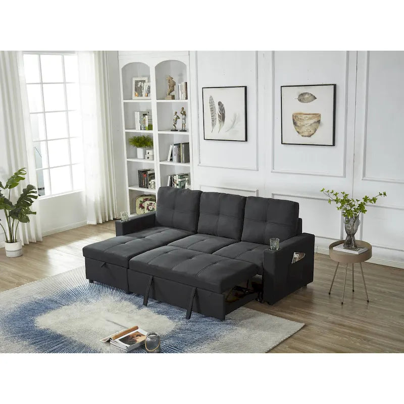 Linen Sectional Sofa Reversible Chaise with Pull out Sleeper