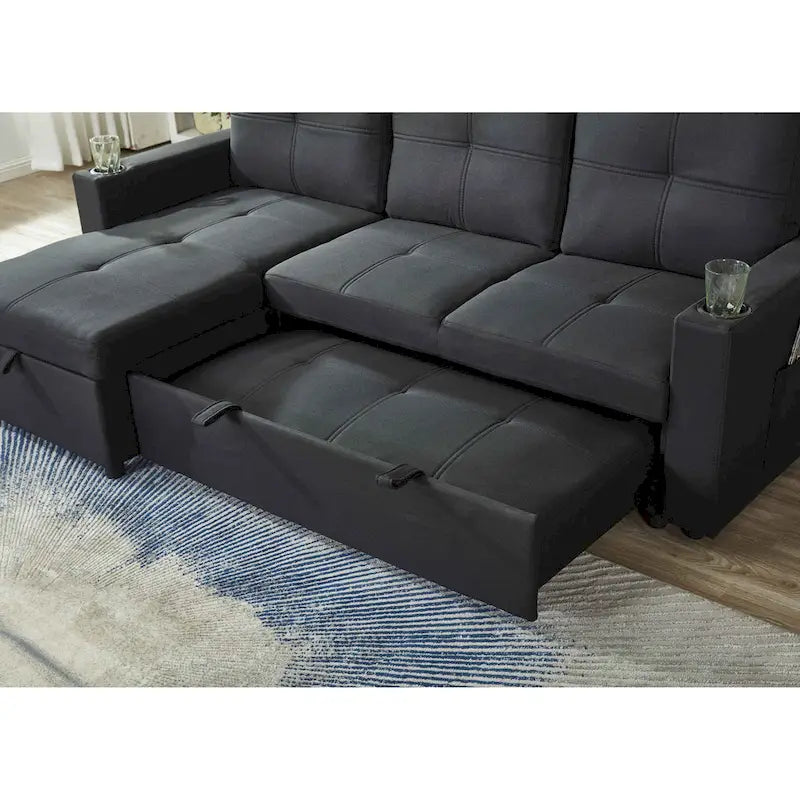 Linen Sectional Sofa Reversible Chaise with Pull out Sleeper