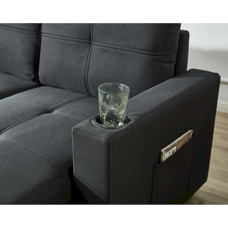 Linen Sectional Sofa Reversible Chaise with Pull out Sleeper