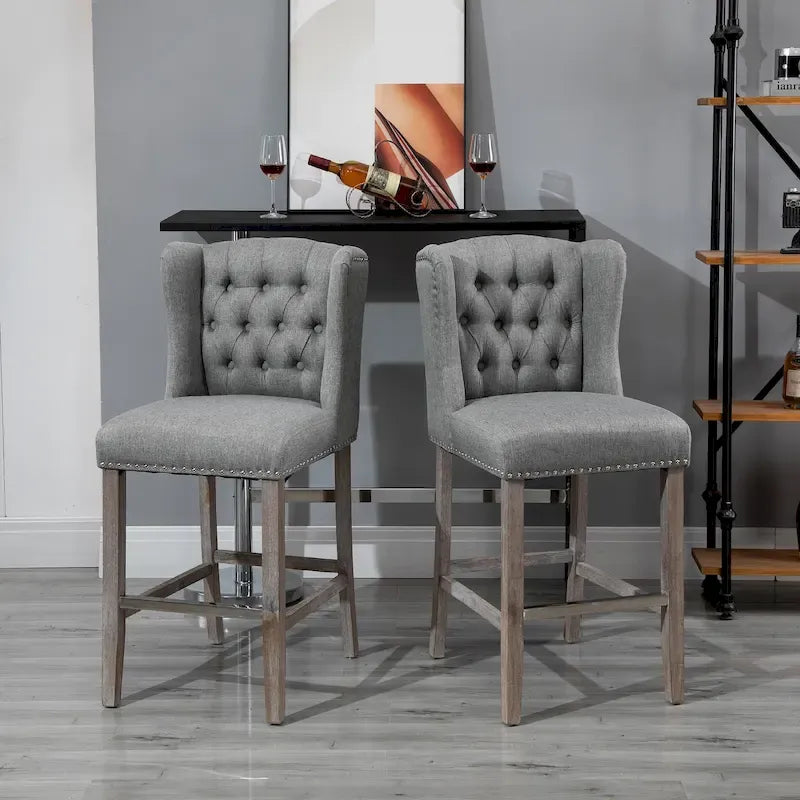 HOMCOM 2 Piece Counter Height Barstools Kitchen Breakfast Stools with Nailhead-Trim and Tufted Back, Solid Wood Legs