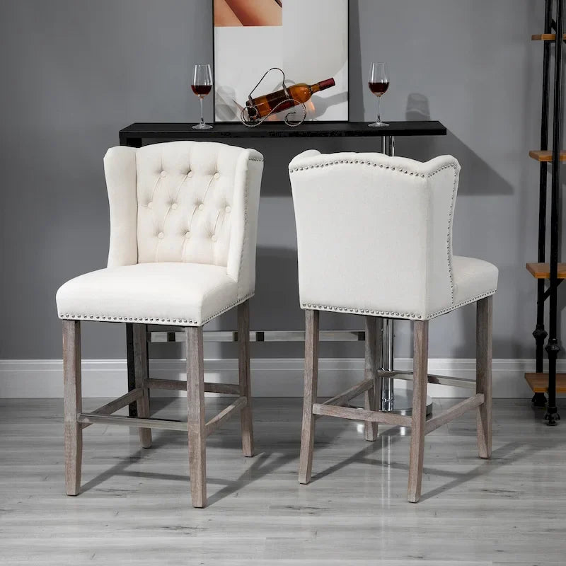 HOMCOM 2 Piece Counter Height Barstools Kitchen Breakfast Stools with Nailhead-Trim and Tufted Back, Solid Wood Legs