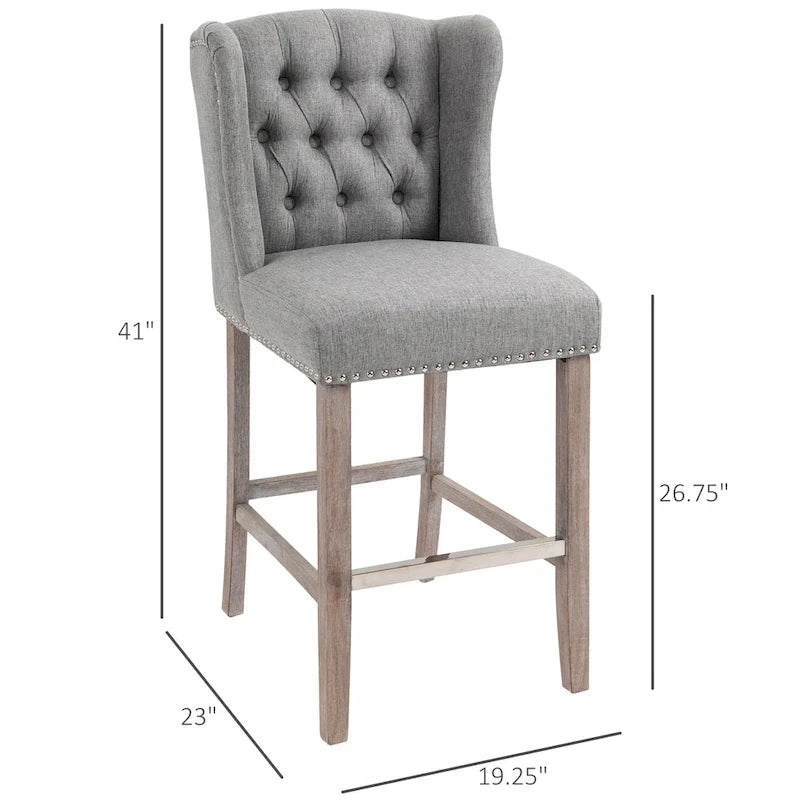 HOMCOM 2 Piece Counter Height Barstools Kitchen Breakfast Stools with Nailhead-Trim and Tufted Back, Solid Wood Legs