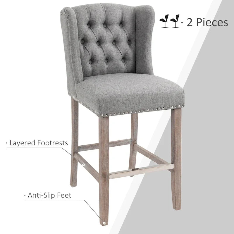 HOMCOM 2 Piece Counter Height Barstools Kitchen Breakfast Stools with Nailhead-Trim and Tufted Back, Solid Wood Legs