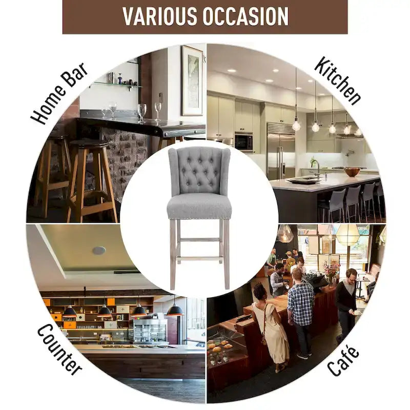 HOMCOM 2 Piece Counter Height Barstools Kitchen Breakfast Stools with Nailhead-Trim and Tufted Back, Solid Wood Legs