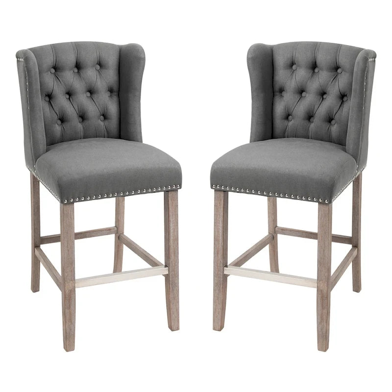 HOMCOM 2 Piece Counter Height Barstools Kitchen Breakfast Stools with Nailhead-Trim and Tufted Back, Solid Wood Legs