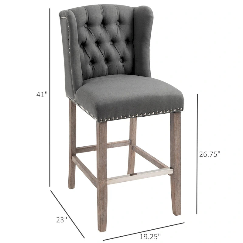 HOMCOM 2 Piece Counter Height Barstools Kitchen Breakfast Stools with Nailhead-Trim and Tufted Back, Solid Wood Legs