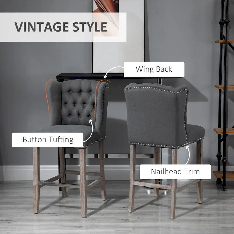 HOMCOM 2 Piece Counter Height Barstools Kitchen Breakfast Stools with Nailhead-Trim and Tufted Back, Solid Wood Legs
