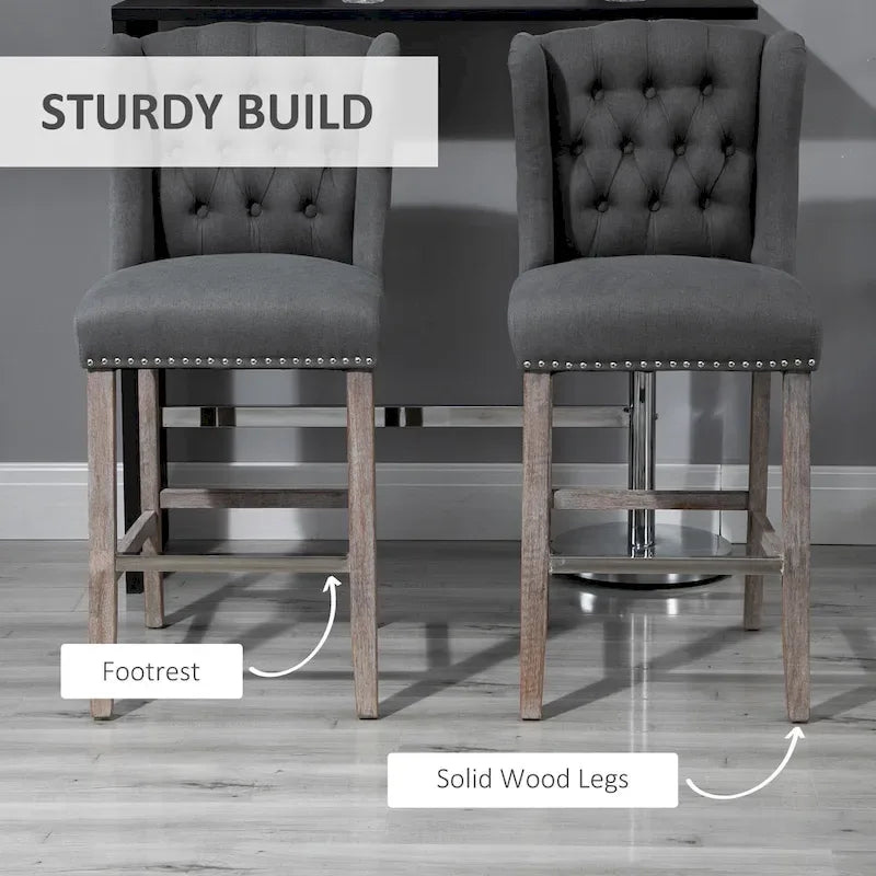 HOMCOM 2 Piece Counter Height Barstools Kitchen Breakfast Stools with Nailhead-Trim and Tufted Back, Solid Wood Legs