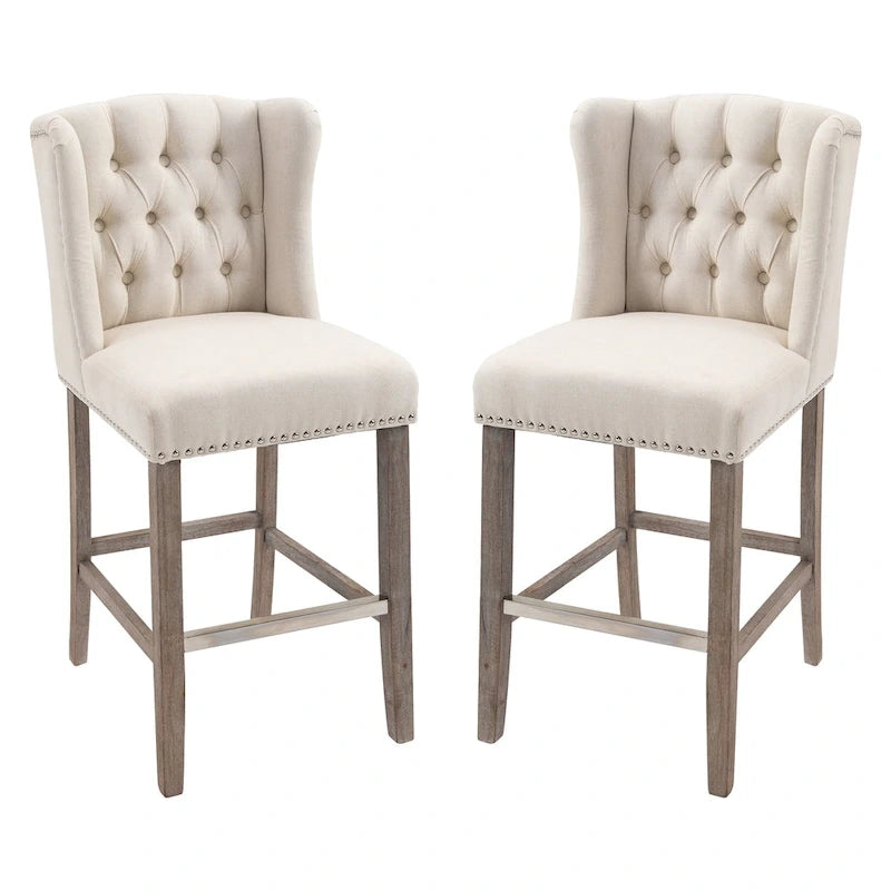 HOMCOM 2 Piece Counter Height Barstools Kitchen Breakfast Stools with Nailhead-Trim and Tufted Back, Solid Wood Legs