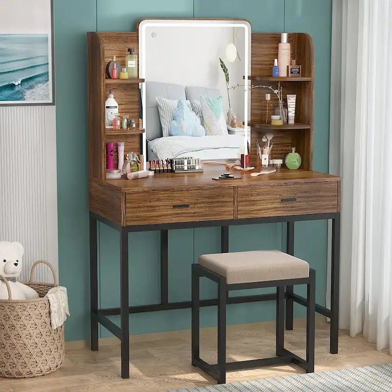 Makeup Vanity Dressing Table with LED Lights, Storage Shelves, Cushioned Stool & 2 Drawers