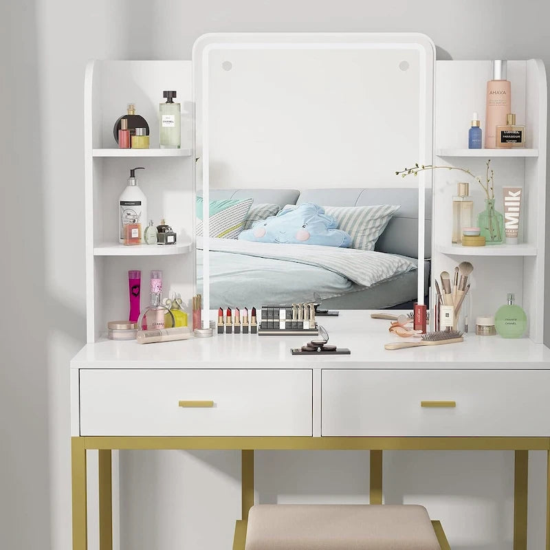 Makeup Vanity Dressing Table with LED Lights, Storage Shelves, Cushioned Stool & 2 Drawers