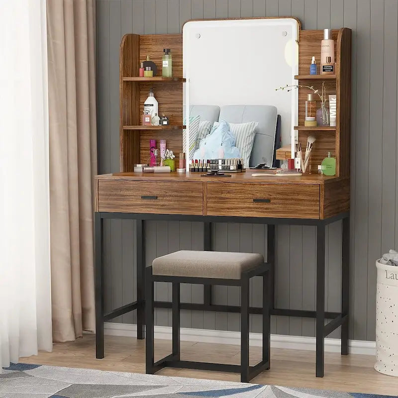 Makeup Vanity Dressing Table with LED Lights, Storage Shelves, Cushioned Stool & 2 Drawers