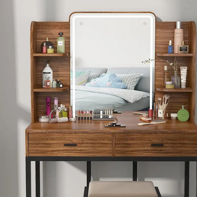 Makeup Vanity Dressing Table with LED Lights, Storage Shelves, Cushioned Stool & 2 Drawers