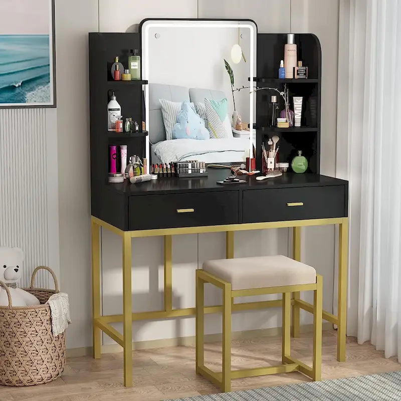 Makeup Vanity Dressing Table with LED Lights, Storage Shelves, Cushioned Stool & 2 Drawers