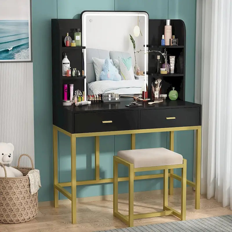 Makeup Vanity Dressing Table with LED Lights, Storage Shelves, Cushioned Stool & 2 Drawers