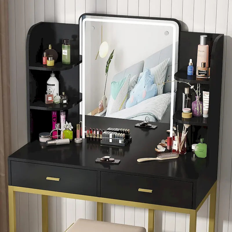 Makeup Vanity Dressing Table with LED Lights, Storage Shelves, Cushioned Stool & 2 Drawers