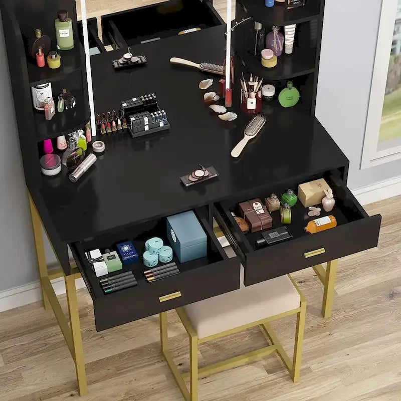 Makeup Vanity Dressing Table with LED Lights, Storage Shelves, Cushioned Stool & 2 Drawers