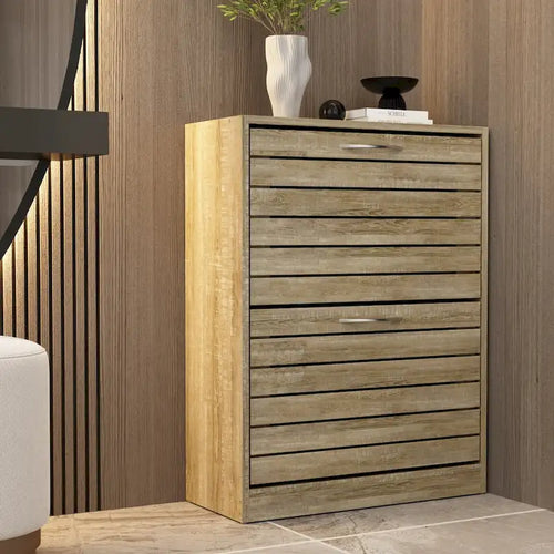 6-12 Pair Shoe Storage Cabinet Two Drawer Space Saving Grey/Oak