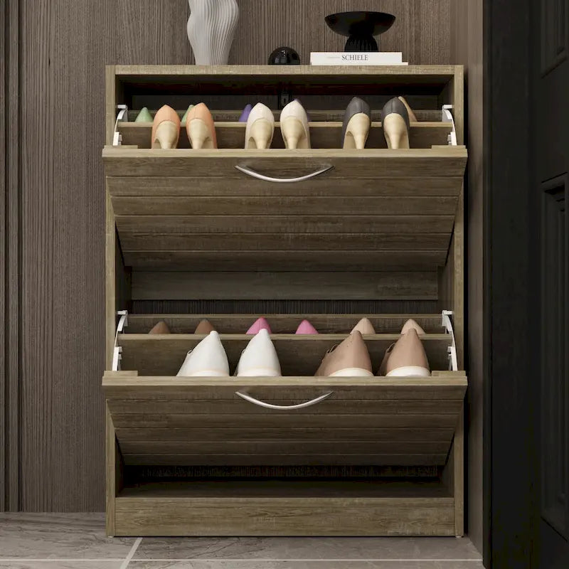 6-12 Pair Shoe Storage Cabinet Two Drawer Space Saving Grey/Oak